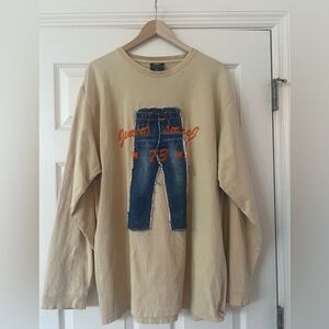 FNF Authentic Sport Wear Beige Long Sleeve Shirt with Denim Graphic, Streetwear